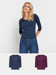 PixieGirl Petite Blue Long Sleeve Henley Tops 2 Pack - Image 1 of 8