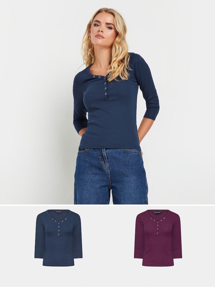 PixieGirl Petite Blue Long Sleeve Henley Tops 2 Pack - Image 1 of 8