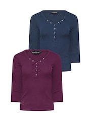 PixieGirl Petite Blue Long Sleeve Henley Tops 2 Pack - Image 6 of 8