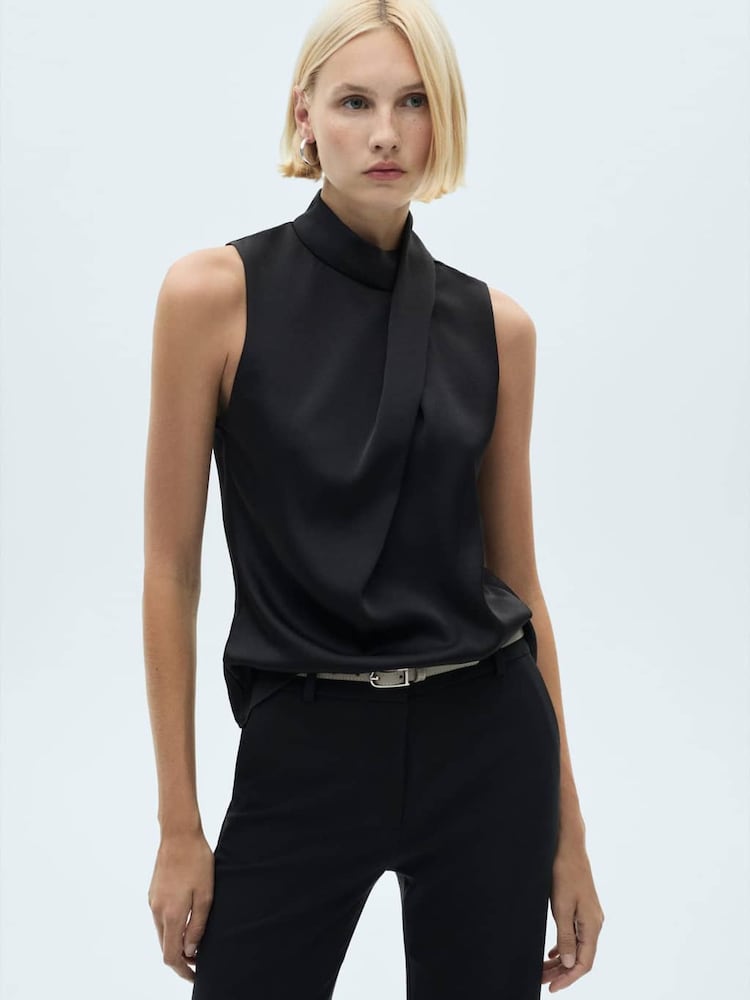 Mango Black Turtleneck Draped Satin Blouse - Image 1 of 7