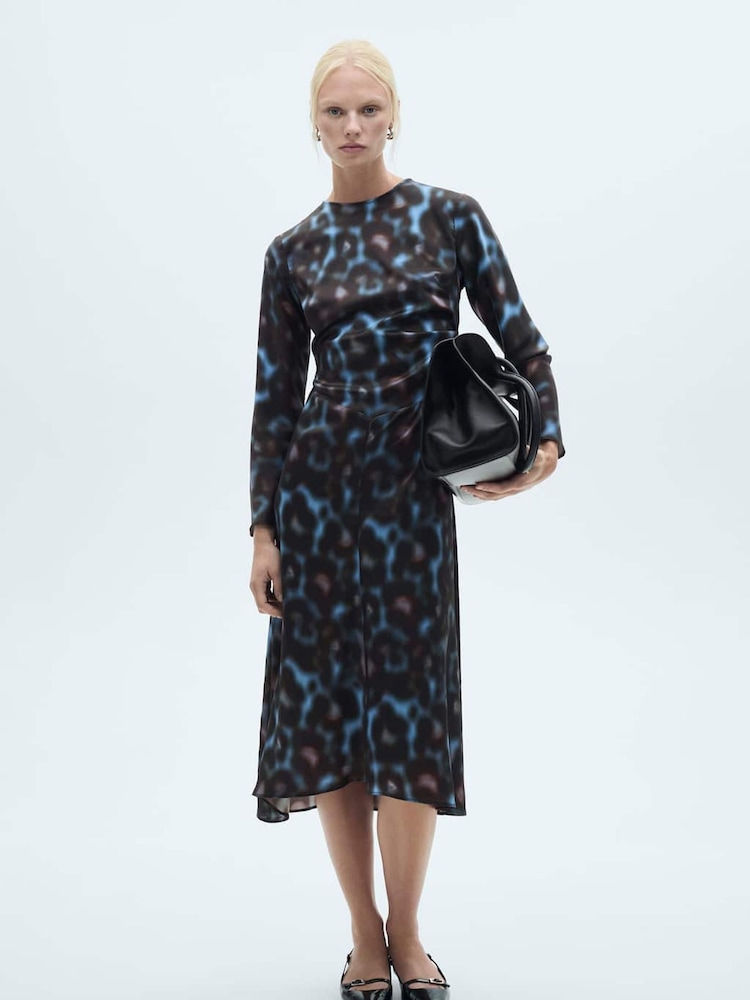 Mango Blue Printed Draped Satin Dress - Image 1 of 6 Mango Blue Printed Draped Satin Dress - Image 1 of 6
