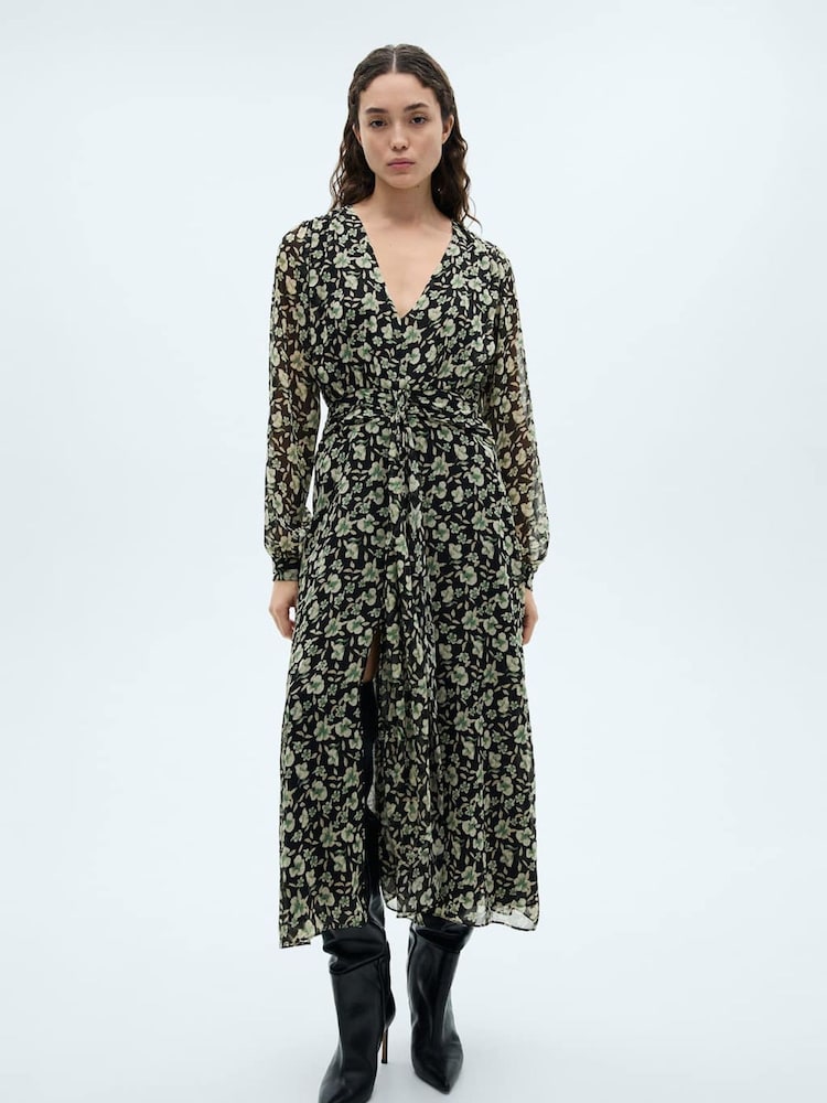 Mango Black Floral Chiffon Dress - Image 1 of 6