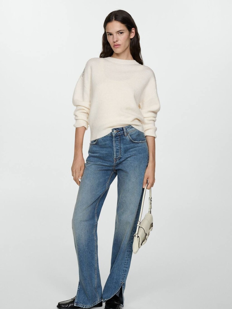 Mango Cream Knitted Jumper With Embellished Shoulders - Image 1 of 6 Mango Cream Knitted Jumper With Embellished Shoulders - Image 1 of 6