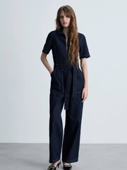 Mango Blue Denim 100% Cotton Jumpsuit With Belt - Image 1 of 7