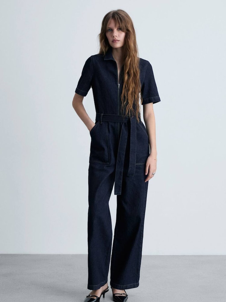 Mango Blue Denim 100% Cotton Jumpsuit With Belt - Image 1 of 7