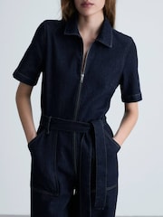 Mango Blue Denim 100% Cotton Jumpsuit With Belt - Image 4 of 7