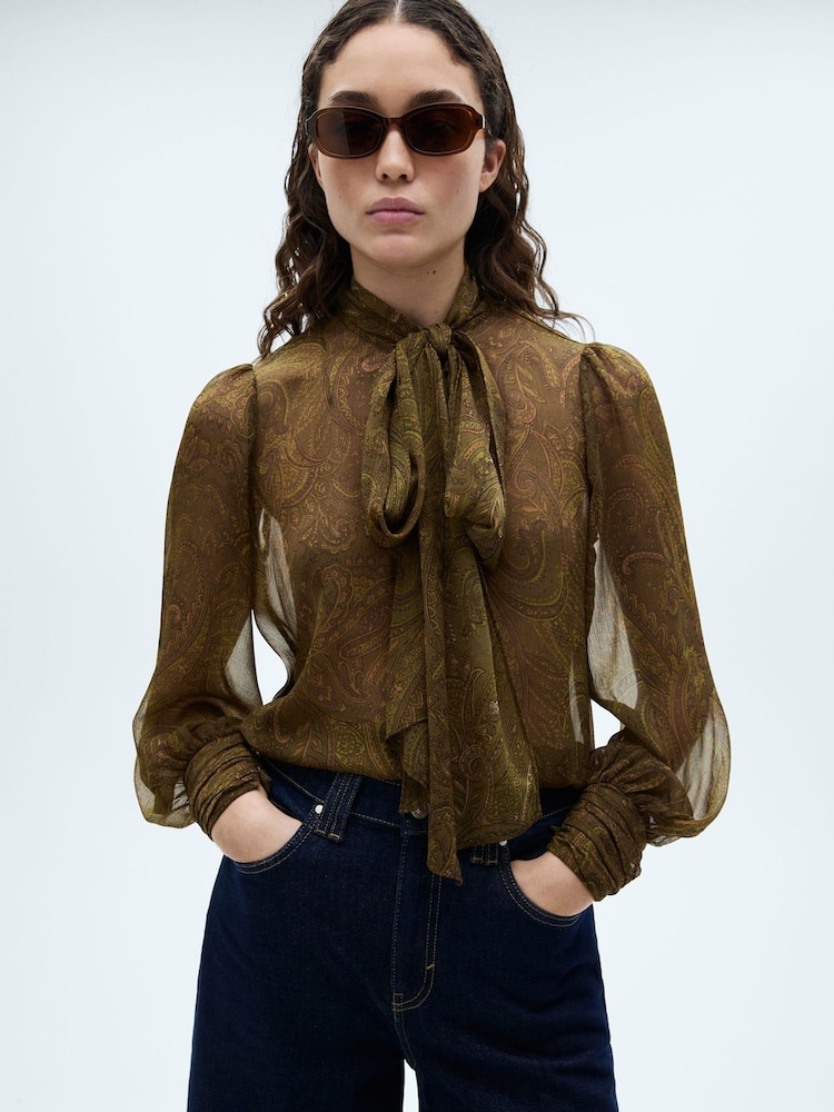 Mango Green Paisley Printed Front Bow Blouse - Image 1 of 6 Mango Green Paisley Printed Front Bow Blouse - Image 1 of 6