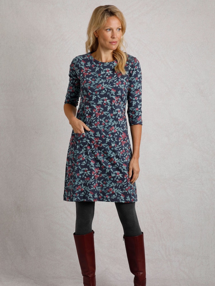 Weird Fish Blue Markle Printed Sparkle 100% Cotton Jersey Dress - Image 1 of 3