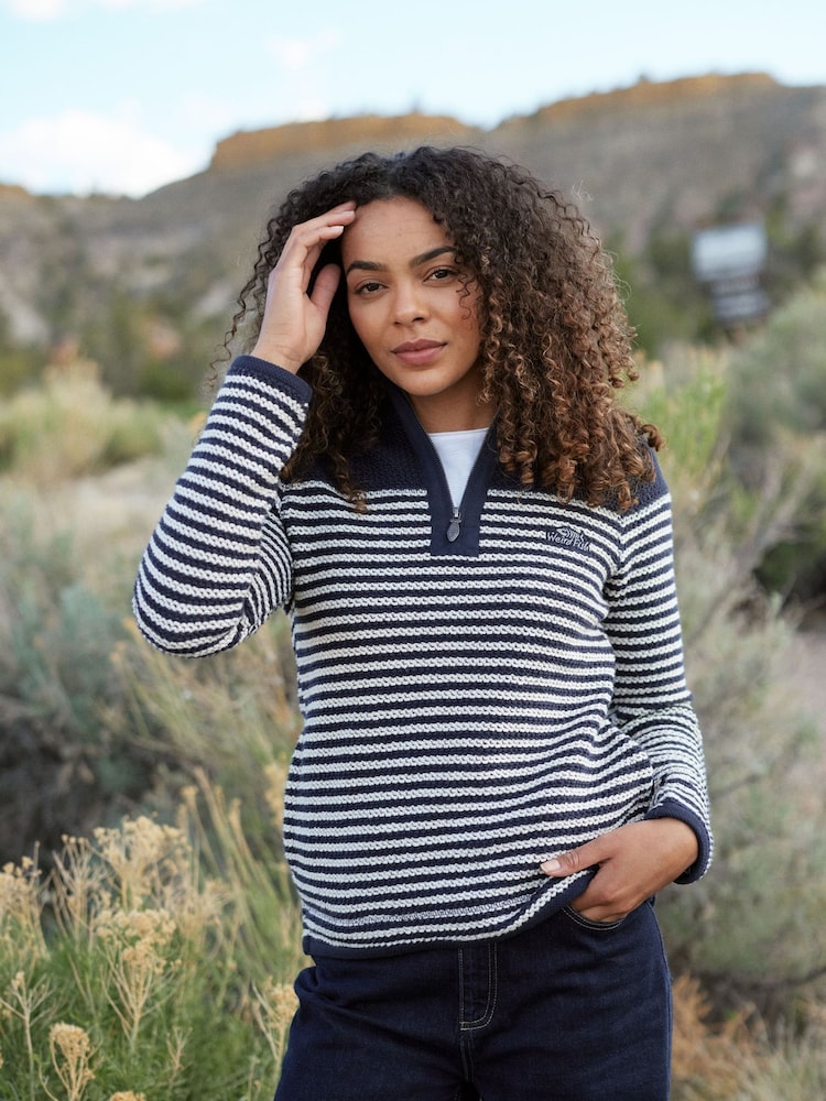 Weird Fish Blue Juilet Quarter Zip Stripe Macaroni 100% Cotton Sweater - Image 1 of 8 Weird Fish Blue Juilet Quarter Zip Stripe Macaroni 100% Cotton Sweater - Image 1 of 8