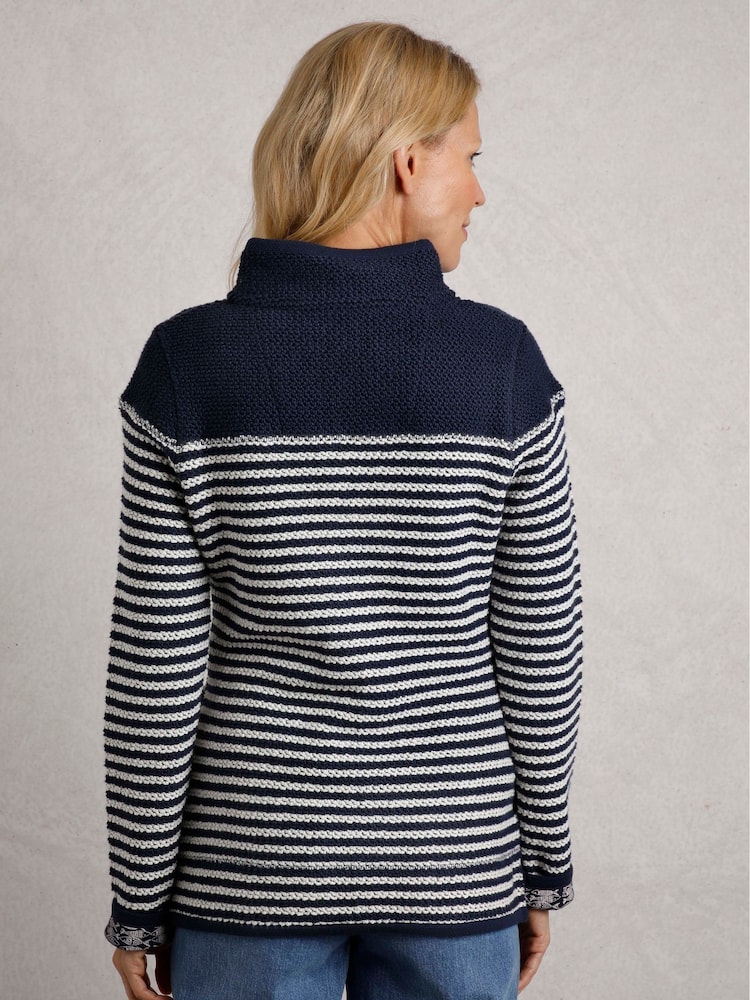 Weird Fish Blue Juilet Quarter Zip Stripe Macaroni 100% Cotton Sweater - Image 2 of 8 Weird Fish Blue Juilet Quarter Zip Stripe Macaroni 100% Cotton Sweater - Image 2 of 8
