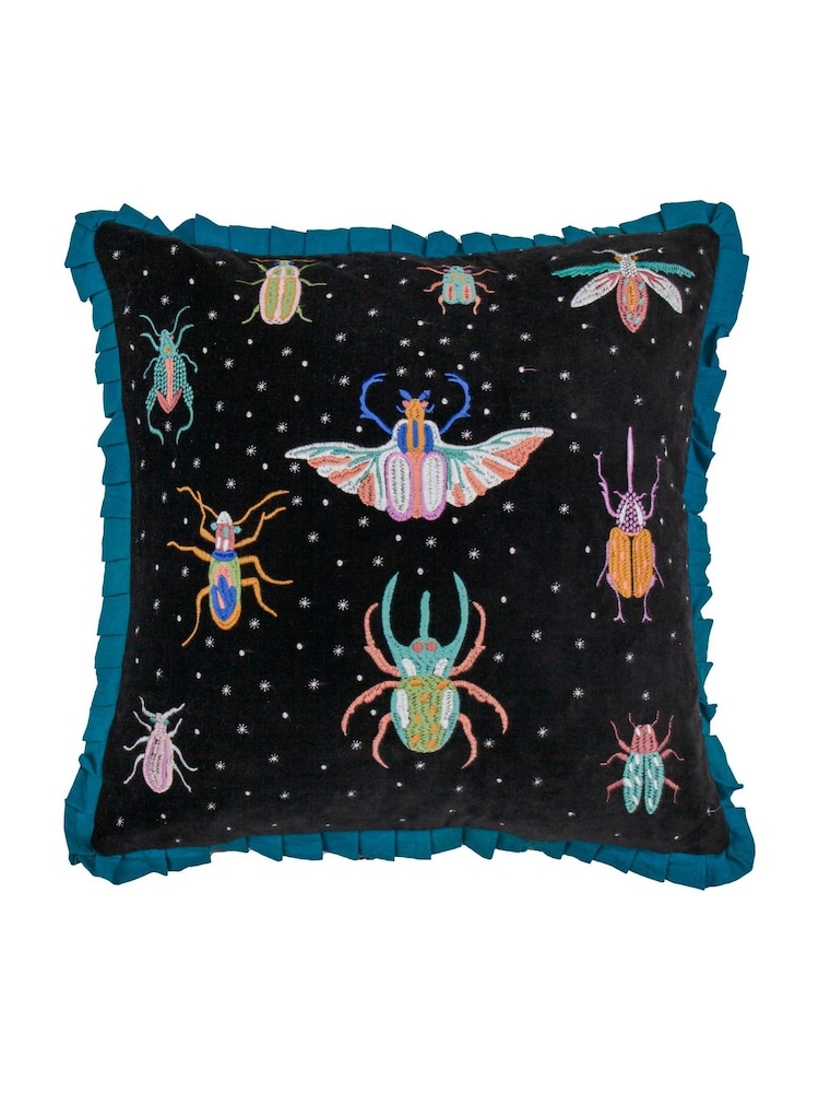 Wylder Teal/Black Darkling Beetles Embroidered Frilled 100% Cotton Cushion - Image 1 of 5