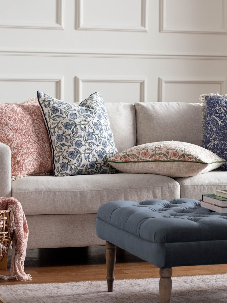Paoletti Delph Blue Seventy Three Delphine Floral Print Piped 100% Cotton Cushion - Image 1 of 7 Paoletti Delph Blue Seventy Three Delphine Floral Print Piped 100% Cotton Cushion - Image 1 of 7