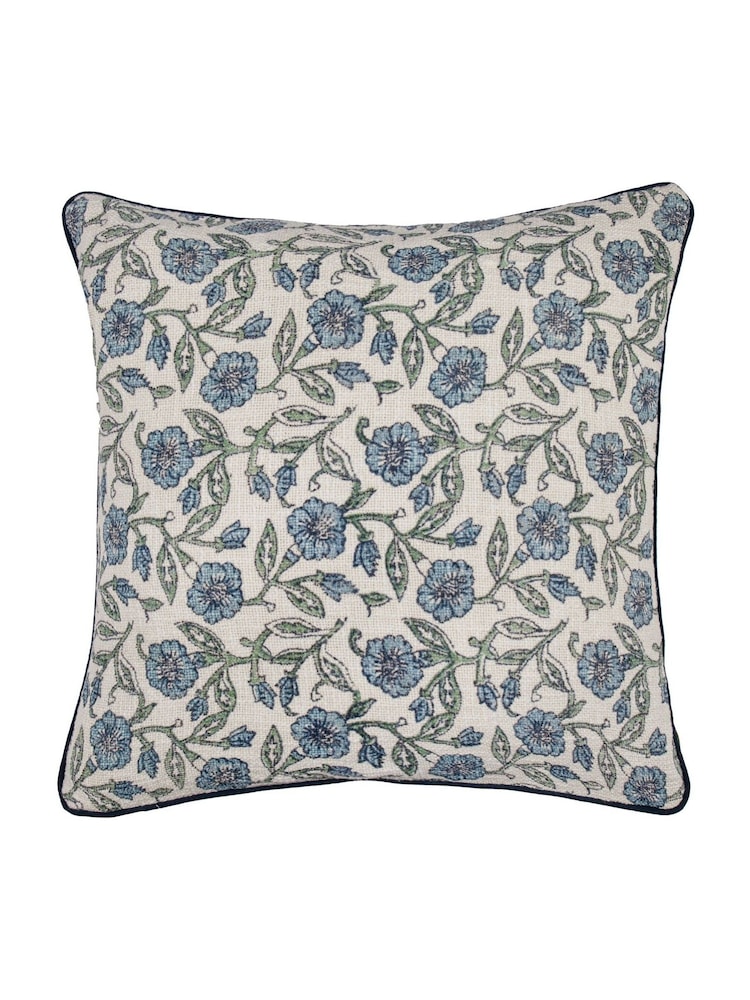 Paoletti Delph Blue Seventy Three Delphine Floral Print Piped 100% Cotton Cushion - Image 2 of 7