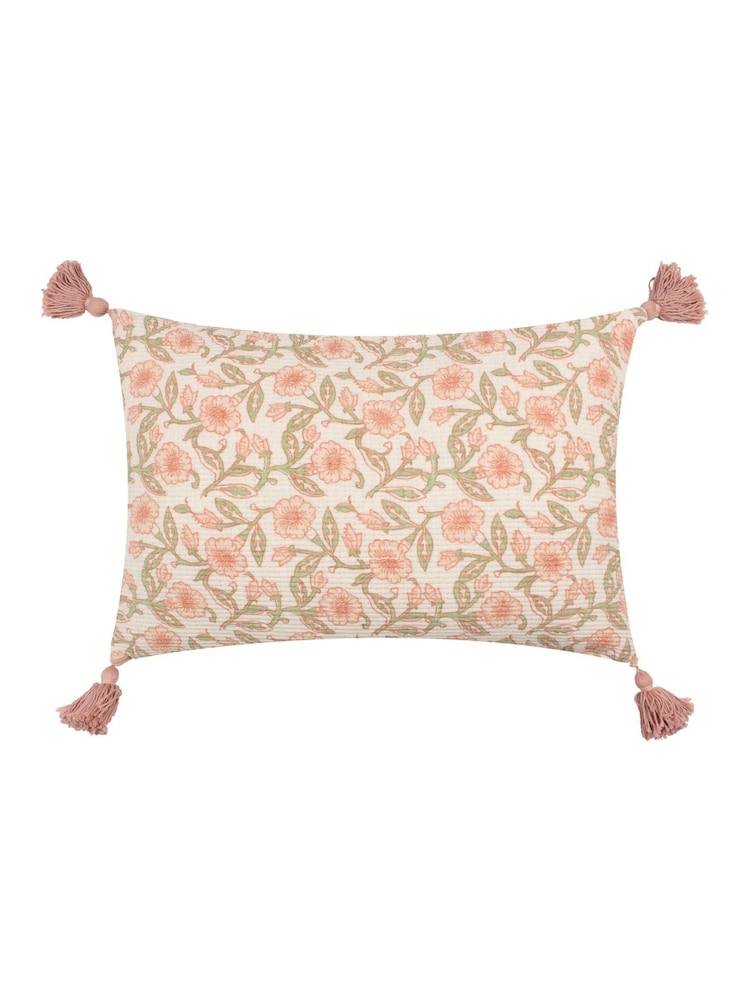 Paoletti Coral Seventy Three Delphine Floral Tasselled 100% Cotton Cushion - Image 1 of 5