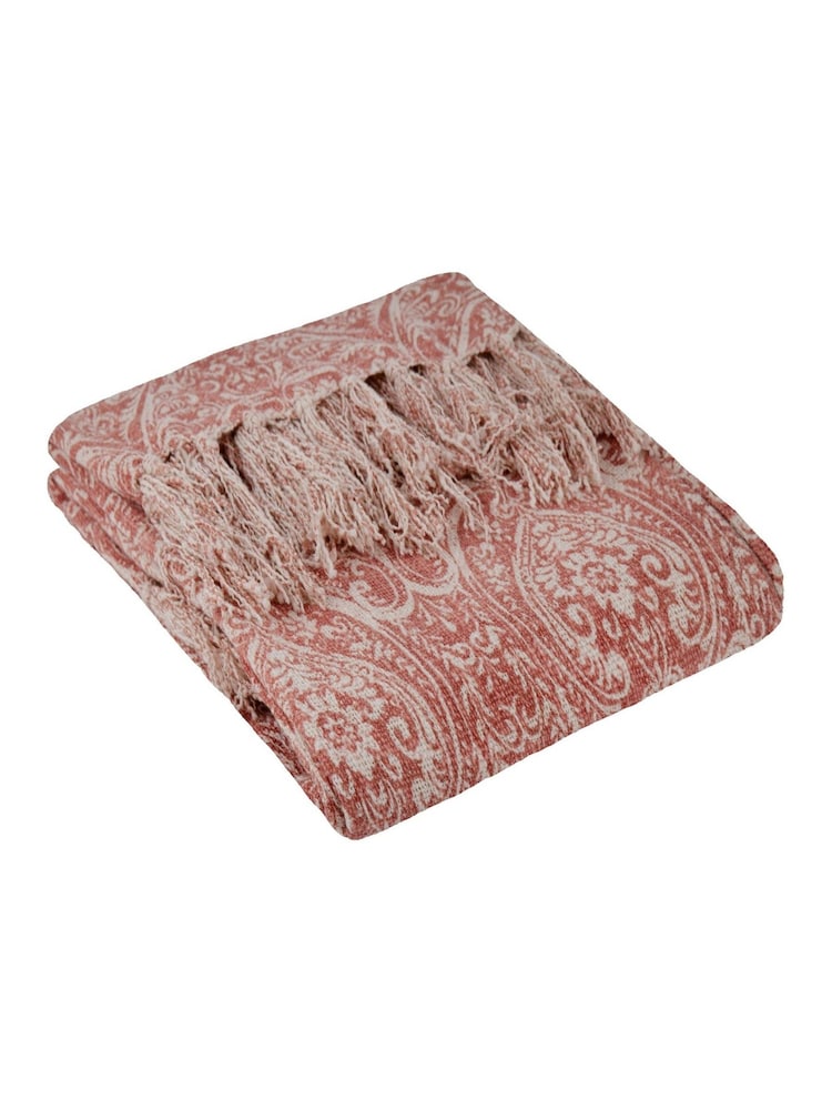 Paoletti Coral Seventy Three Durelle Damask Fringed 100% Cotton Throw - Image 1 of 4