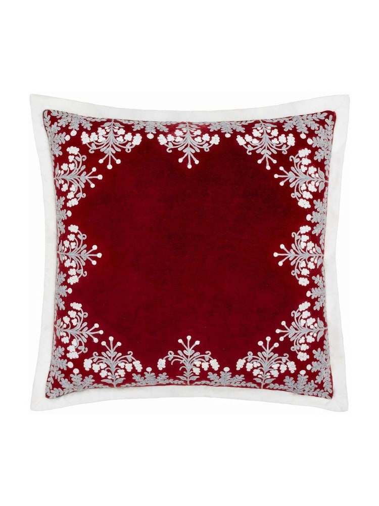 Paoletti Red Winter Bloom Floral Print Embroidered 100% Cotton Cushion - Image 1 of 4