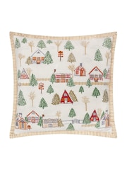 Paoletti White Winter Ski Lodges Embroidered 100% Cotton Cushion - Image 1 of 4