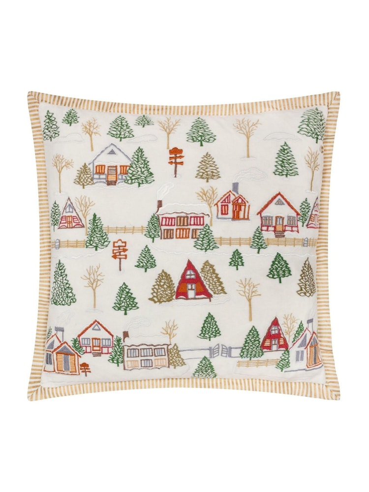 Paoletti White Winter Ski Lodges Embroidered 100% Cotton Cushion - Image 1 of 4