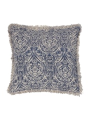Paoletti Delph Blue Seventy Three Durelle Damask Fringed 100% Cotton Cushion - Image 1 of 5
