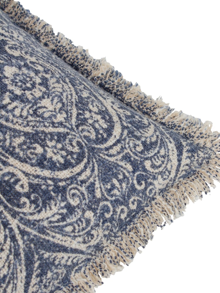 Paoletti Delph Blue Seventy Three Durelle Damask Fringed 100% Cotton Cushion - Image 5 of 5