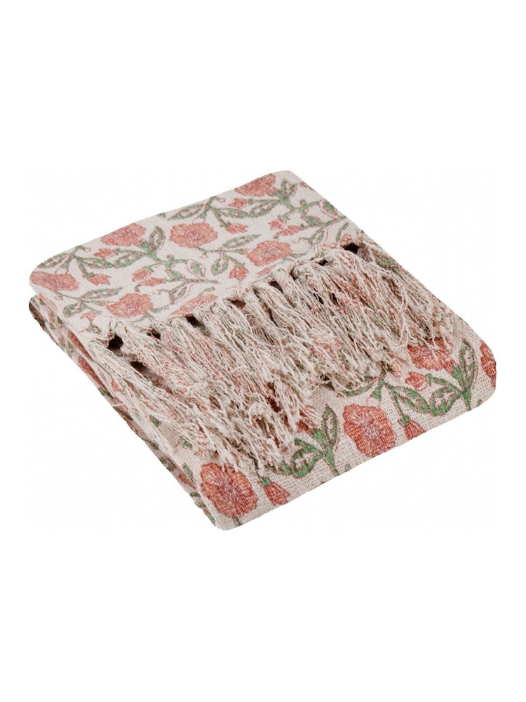 Paoletti Coral Seventy Three Delphine Floral 100% Cotton Fringed Throw - Image 1 of 4