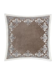Paoletti Taupe Winter Bloom Floral Print Embroidered 100% Cotton Cushion - Image 1 of 3