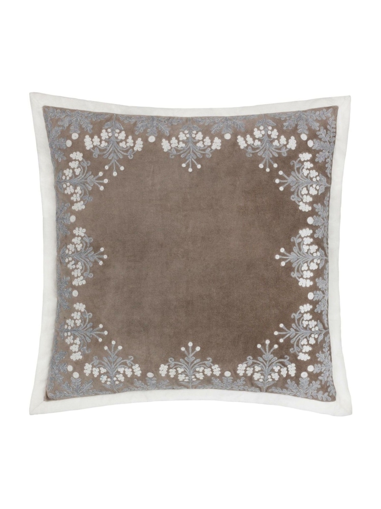 Paoletti Taupe Winter Bloom Floral Print Embroidered 100% Cotton Cushion - Image 1 of 3