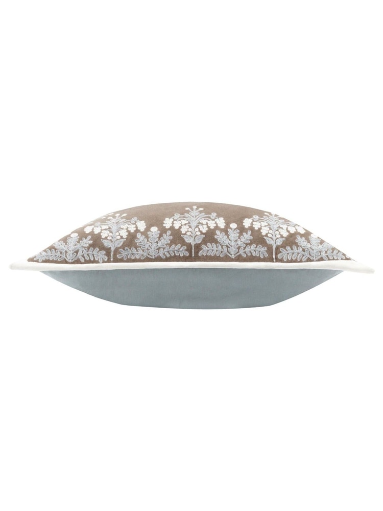 Paoletti Taupe Winter Bloom Floral Print Embroidered 100% Cotton Cushion - Image 2 of 3