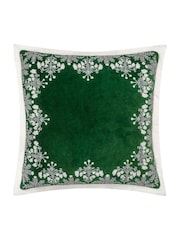 Paoletti Green Winter Bloom Floral Print Embroidered 100% Cotton Cushion - Image 1 of 4