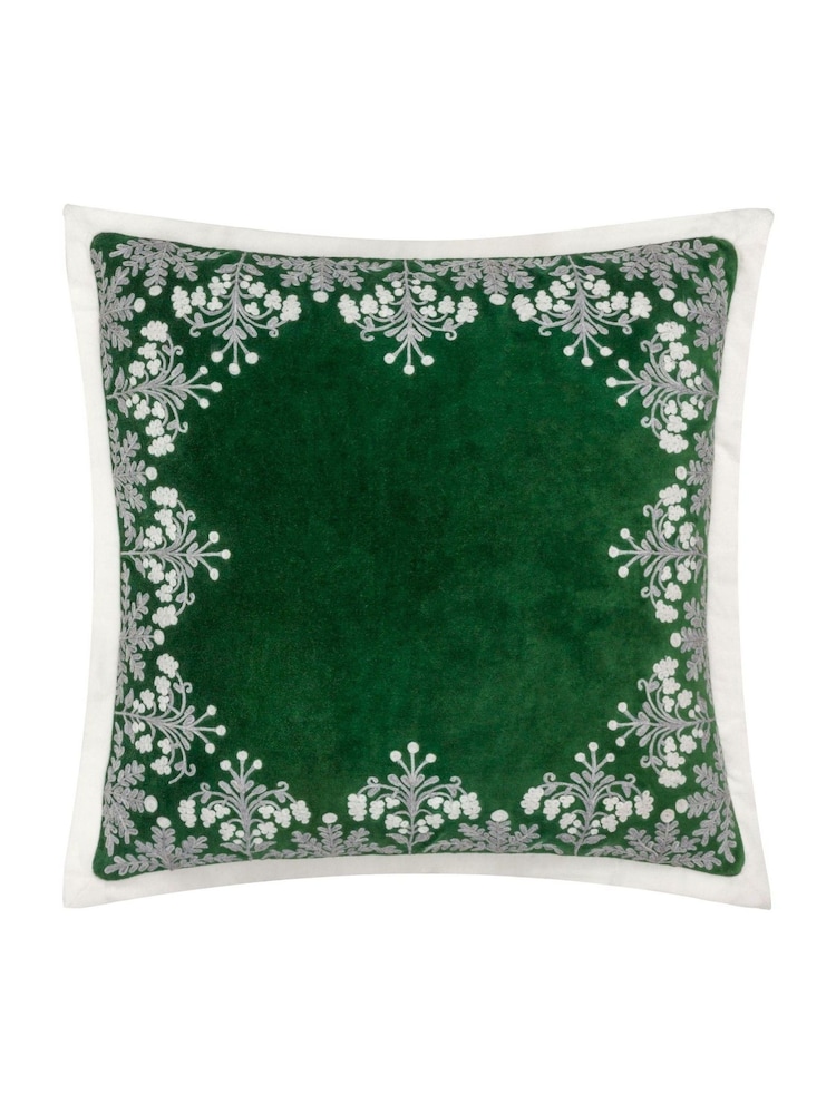 Paoletti Green Winter Bloom Floral Print Embroidered 100% Cotton Cushion - Image 1 of 4