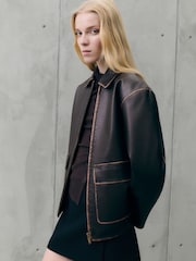 Mango Brown Leather-Effect Jacket With Contrast Stitching - Image 1 of 7