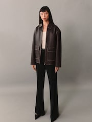 Mango Brown Leather-Effect Jacket With Contrast Stitching - Image 2 of 7