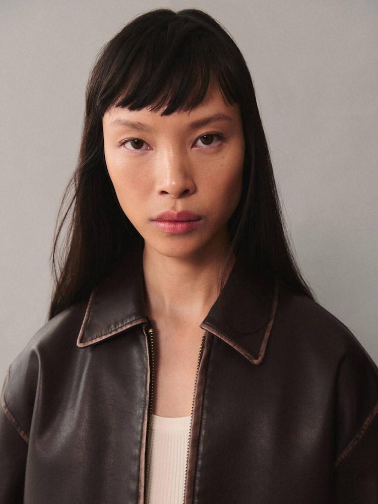 Buy Mango Brown Leather-Effect Jacket With Contrast Stitching from