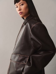 Mango Brown Leather-Effect Jacket With Contrast Stitching - Image 5 of 7