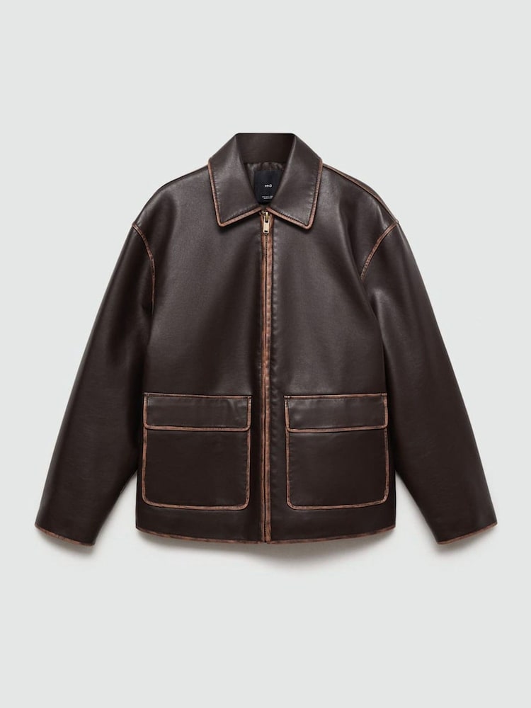 Mango Brown Leather-Effect Jacket With Contrast Stitching - Image 7 of 7