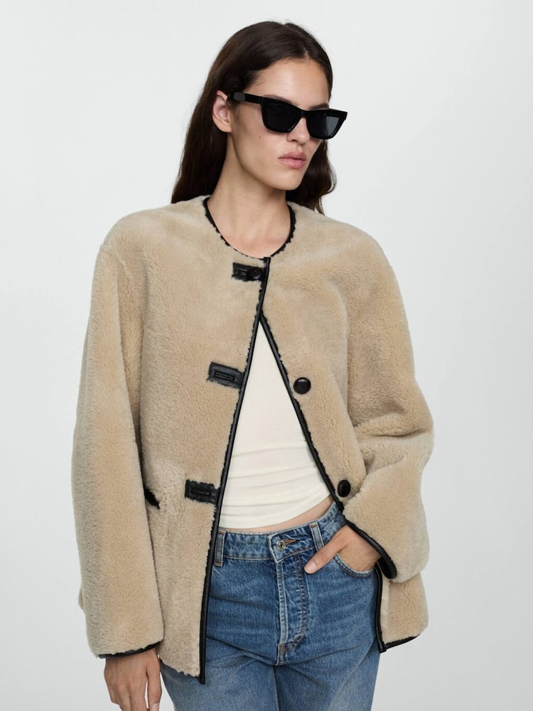 Mango Cream Borg Faux Fur Jacket - Image 1 of 7