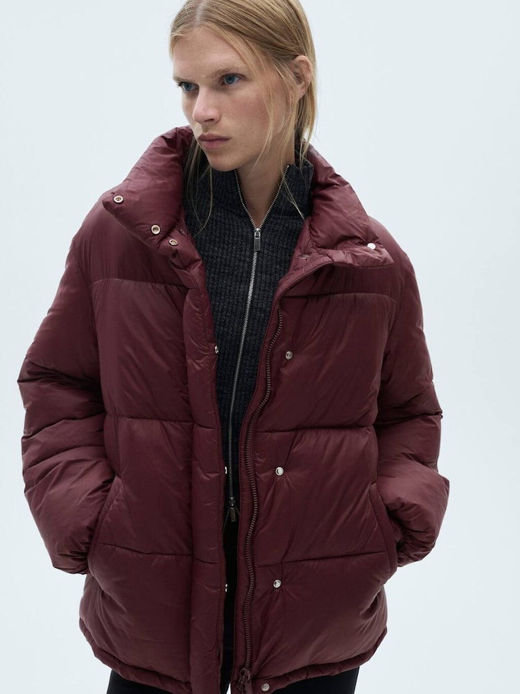Mango Burgundy Pocket Quilted Puffer Jacket - Image 1 of 6