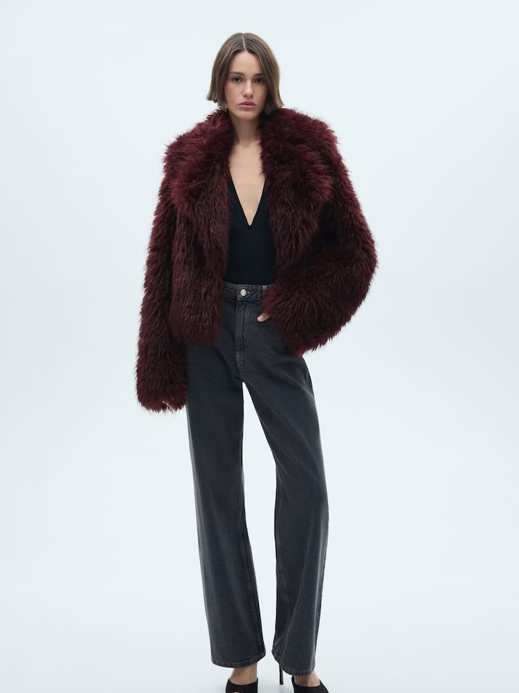 Mango Burgundy Faux Fur Jacket - Image 1 of 7