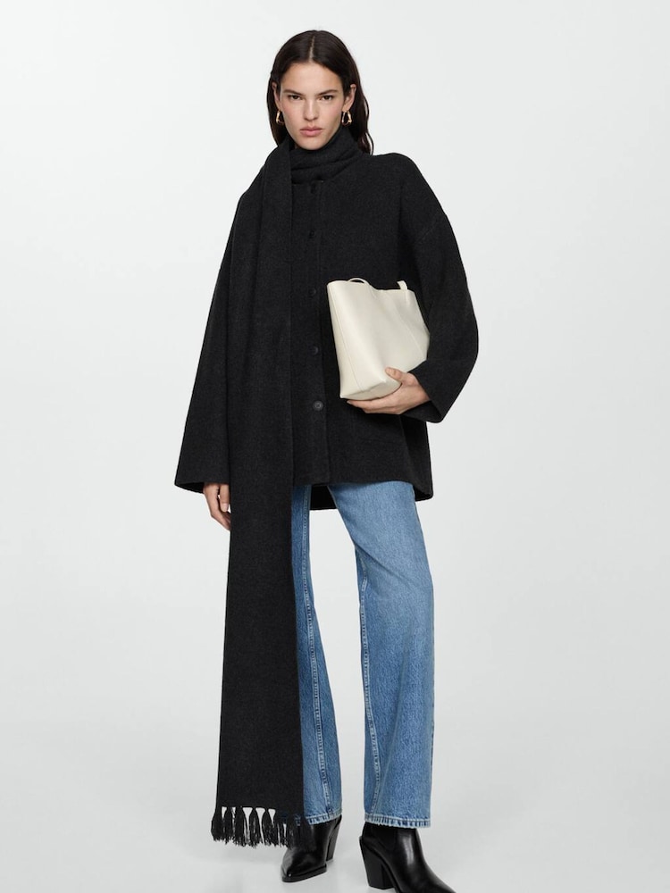Mango Black Knitted Coat With Detachable Scarf - Image 1 of 6