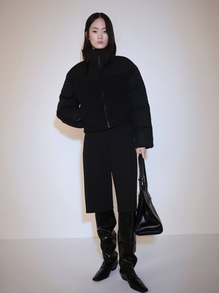 Mango Black Quilted Puffer Jacket With Borg Panels - Image 1 of 6 Mango Black Quilted Puffer Jacket With Borg Panels - Image 1 of 6