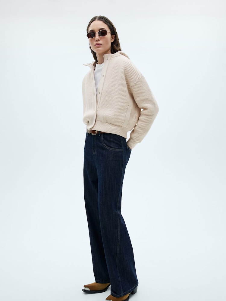 Mango Brown Knitted Ribbed Bomber Jacket - Image 1 of 6 Mango Brown Knitted Ribbed Bomber Jacket - Image 1 of 6