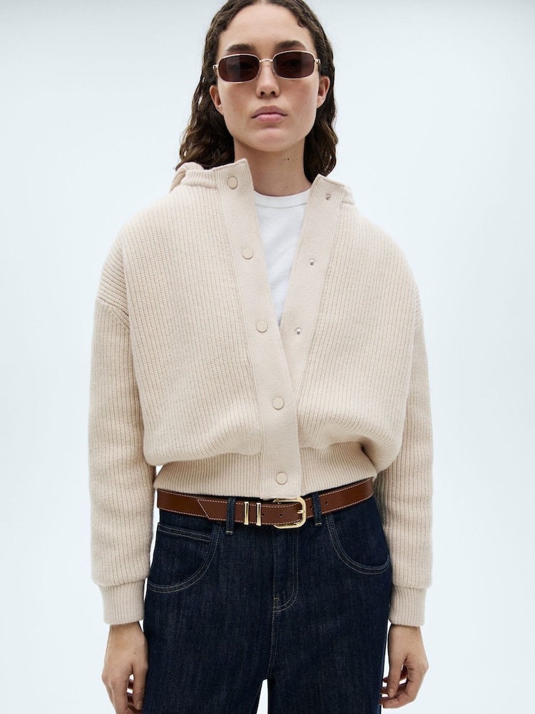 Mango Brown Knitted Ribbed Bomber Jacket - Image 2 of 6 Mango Brown Knitted Ribbed Bomber Jacket - Image 2 of 6