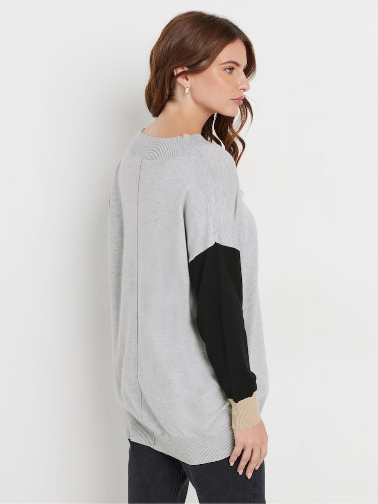 M&Co Grey Colourblock V-Neck Jumper - Image 1 of 3