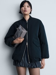 Mango Blue Padded Bomber Jacket With Double Zip - Image 1 of 6