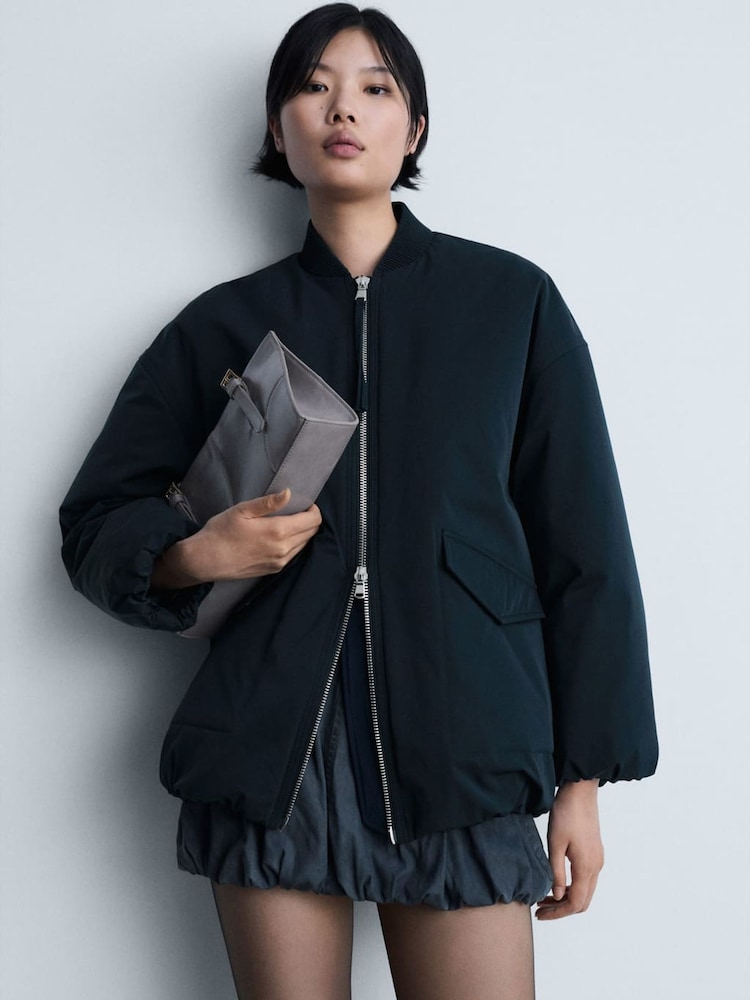 Mango Blue Padded Bomber Jacket With Double Zip - Image 1 of 6 Mango Blue Padded Bomber Jacket With Double Zip - Image 1 of 6