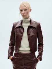 Mango Burgundy Crocodrile-Effect Cropped Jacket - Image 1 of 7