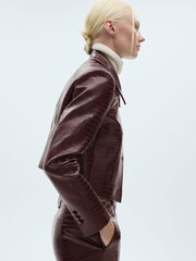 Mango Burgundy Crocodrile-Effect Cropped Jacket - Image 4 of 7