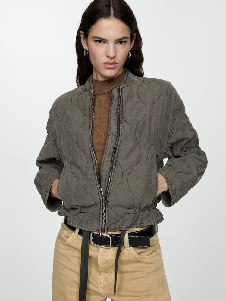 Mango Grey Quilted Zip Up Bomber Jacket - Image 1 of 7