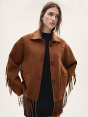 Mango Brown Fringed Wool-Blend Jacket - Image 1 of 6