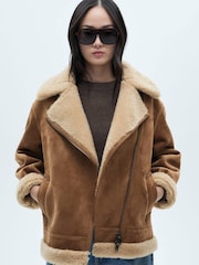 Mango Brown Faux Shearling-Lined Jacket - Image 1 of 7